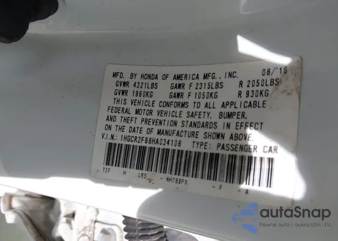 2017 Honda Accord Ex-L z USA, uszkodzony, nr VIN 1HGCR2F88HA034108